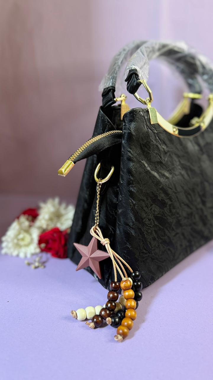 Black Textured Handbag with Gold Handle