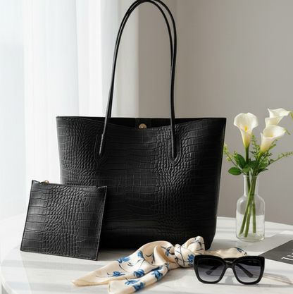 Mini Black Tote Bag – Crocodile Pattern