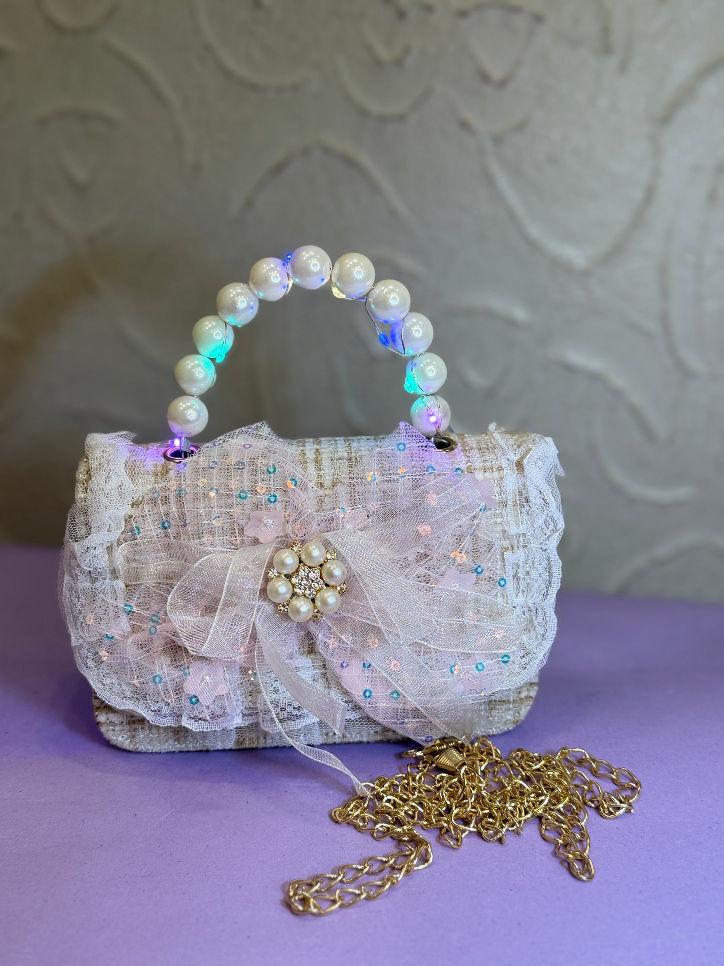 Beige Pearl Mini Girl Bag with LED Handle