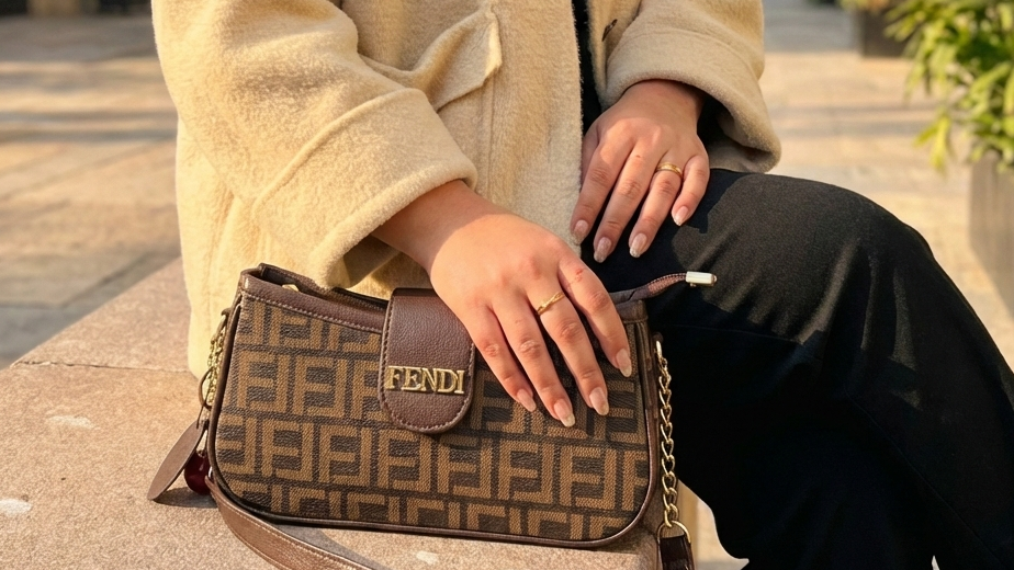 Person holding a Fendi handbag on a city street