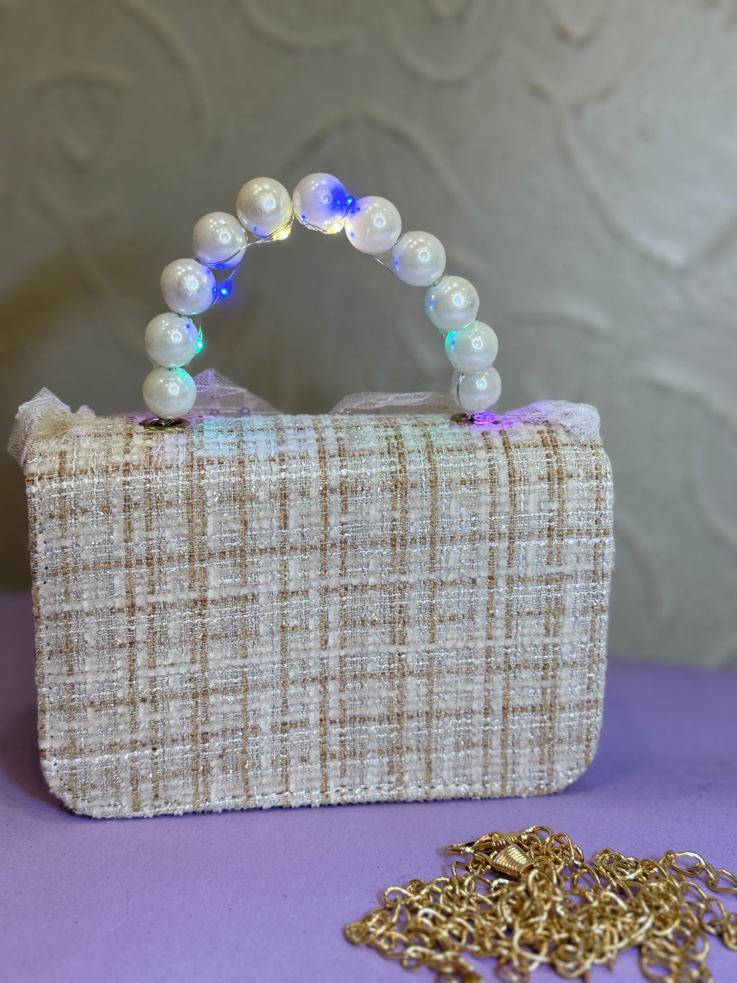Beige Pearl Mini Girl Bag with LED Handle