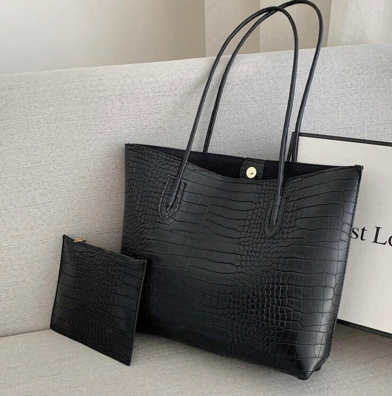 Mini Black Tote Bag – Crocodile Pattern