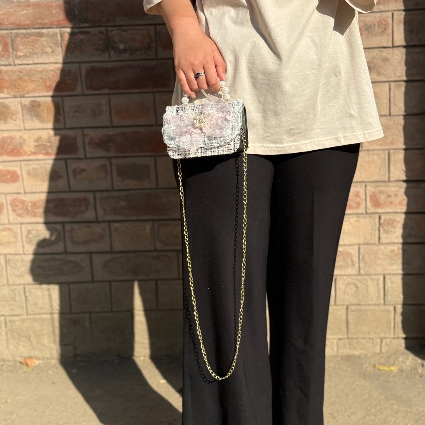 Mini Black Bag With Pearl Handle
