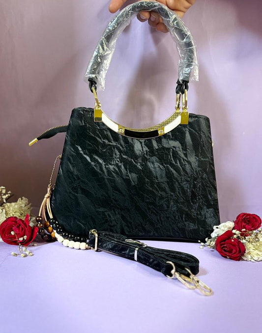 Black Textured Handbag with Gold Handle